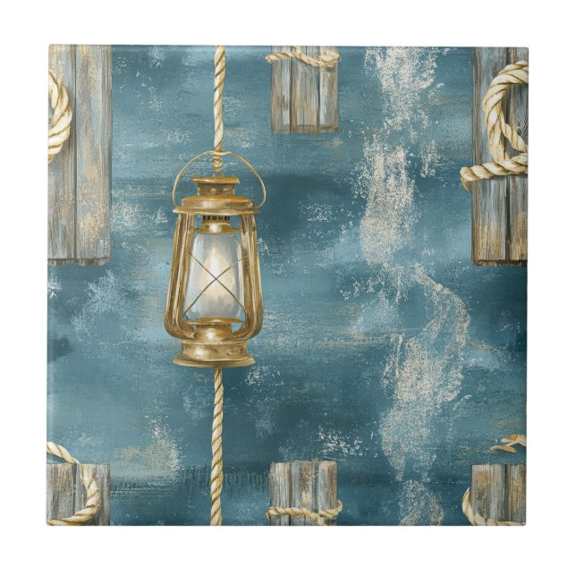 Nautical Lantern Rope Coastal Blue Pattern Tile (Front)