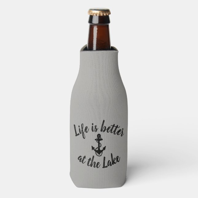 nautical LIFE IS BETTER AT THE LAKE and anchor | Bottle Cooler (Bottle Front)