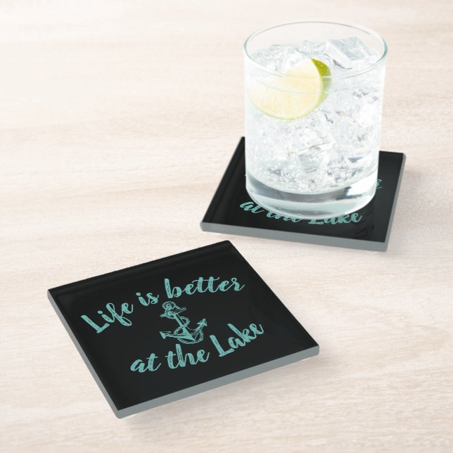 nautical LIFE IS BETTER AT THE LAKE and anchor | Glass Coaster (Angled)