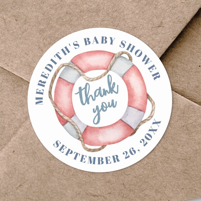 Nautical Life Ring Baby Shower Classic Round Sticker (Nautical Lifesaver Baby Shower Classic Round Sticker)