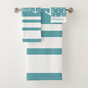 Nautical Light Blue And White Stripes Anchor Name  Bath Towel Set
