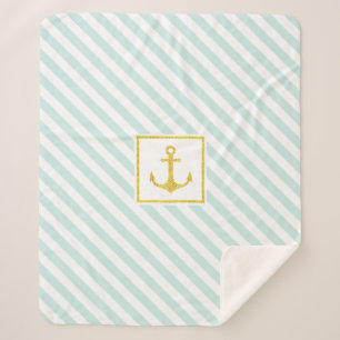 Nautical Light Blue Stripes Golden Glitter Anchor Sherpa Blanket