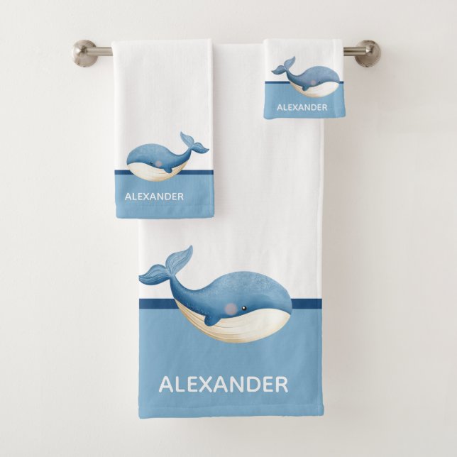 Nautical Light Blue White Whale Bath Towel Set (Insitu)