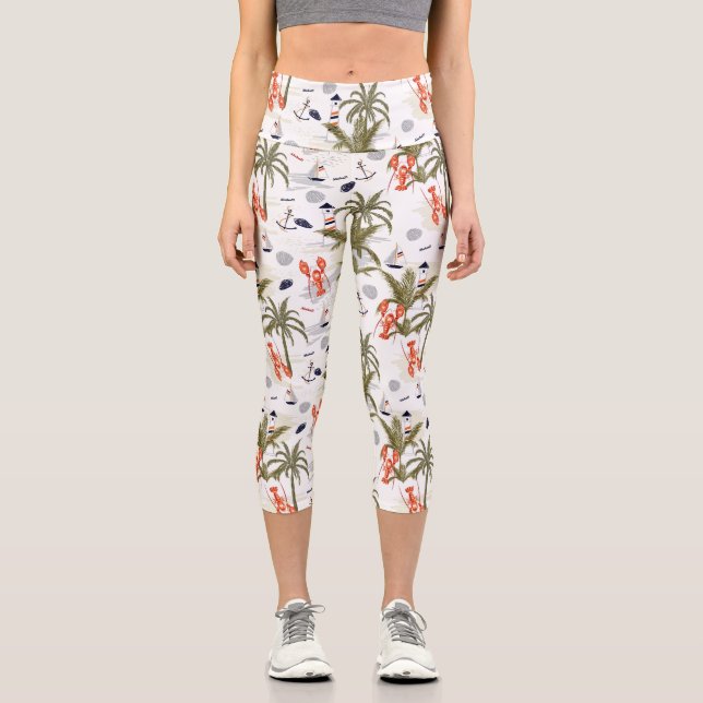 Nautical Light House Lobsters, Tropical Palm Trees Capri Leggings (Front)