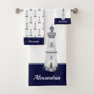 Nautical Light House White n Navy Blue Bath Towel
