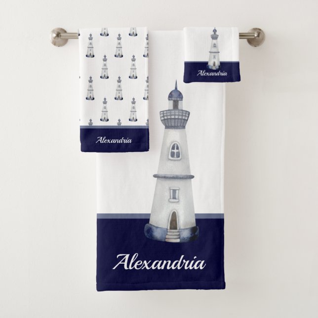 Nautical Light House White n Navy Blue Bath Towel (Insitu)