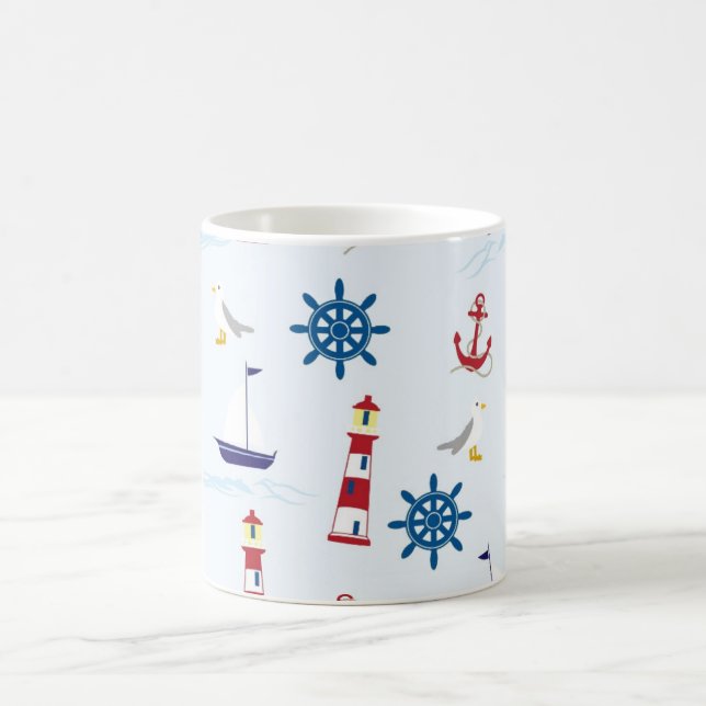 Nautical Lighthouse, Anchor, Wheel, Seagull & Boat Coffee Mug (Center)