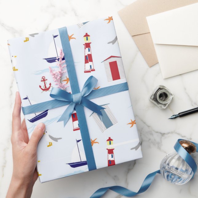 Nautical Lighthouse and Anchor Coastal Design Wrapping Paper (Gifting)