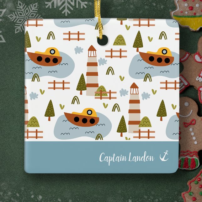 Nautical Lighthouse and Boat Kid Pattern Christmas Ceramic Ornament (Creator Uploaded)