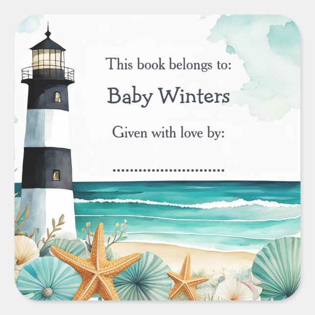 Nautical Lighthouse Baby Shower Bookplate Square Sticker (Front)