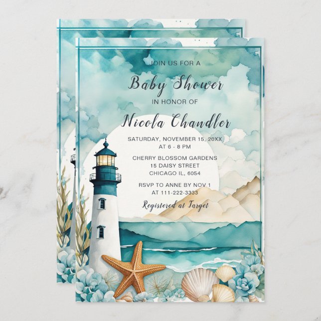 Nautical Lighthouse Baby Shower Invitation (Front/Back)