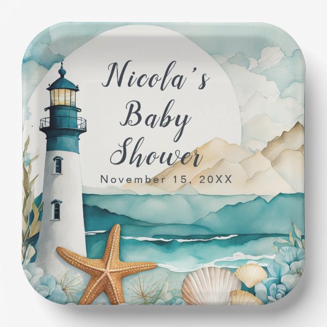 Nautical Lighthouse Baby Shower Paper Plate (Front)