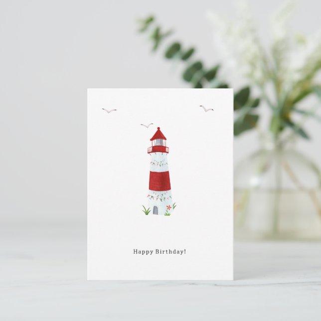 Nautical Lighthouse Beach Happy Birthday Seagulls Postcard (Standing Front)