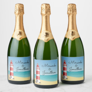 Nautical Lighthouse Beach Wedding Bridal Shower Sparkling Wine Label