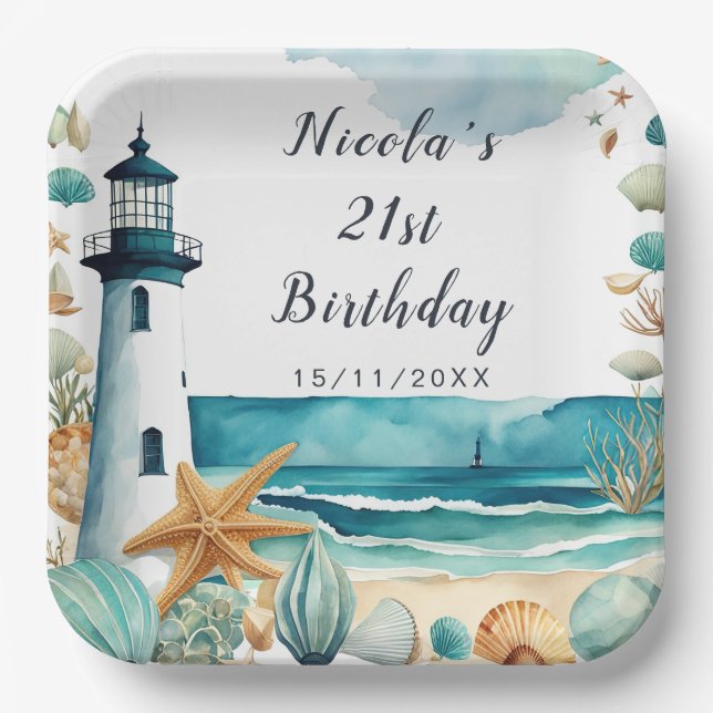 Nautical Lighthouse Birthday Paper Plate (Front)