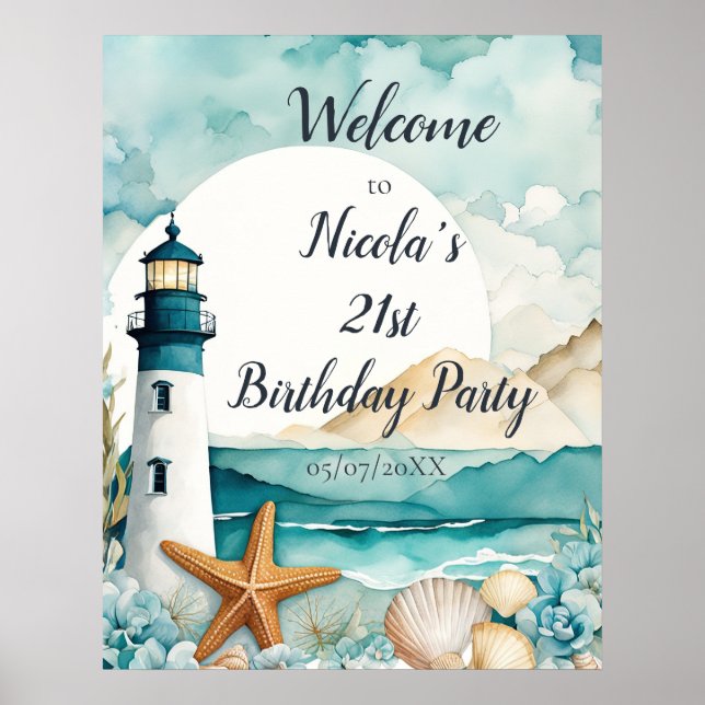 Nautical Lighthouse Birthday Party Poster (Front)