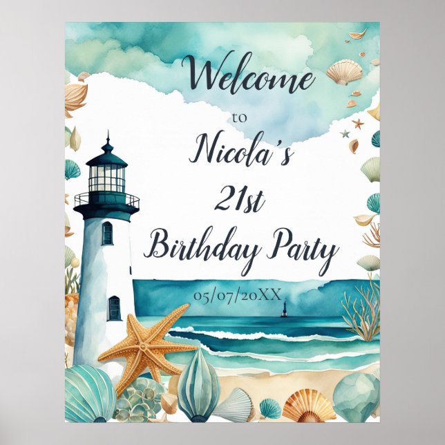 Nautical Lighthouse Birthday Party Poster (Front)