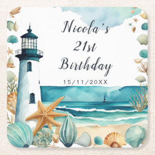 Nautical Lighthouse Birthday Square Paper Coaster