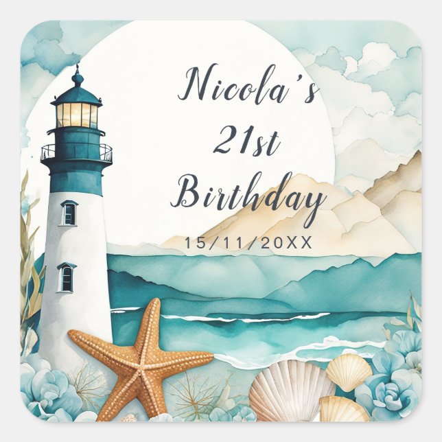 Nautical Lighthouse Birthday Square Sticker (Front)