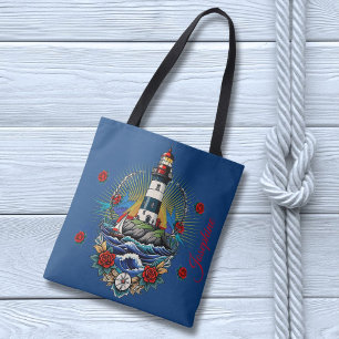 Nautical Lighthouse Blue Floral Red Tote Bag