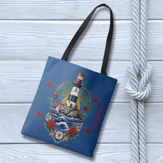 Nautical Lighthouse Blue Floral Red  Tote Bag (Creator Uploaded)