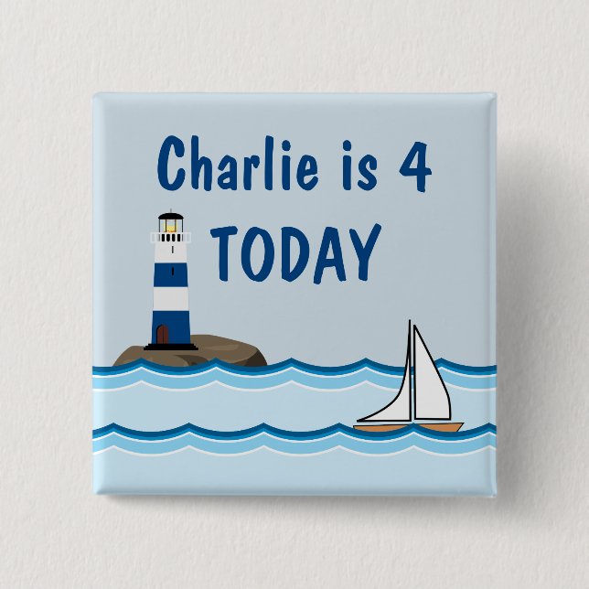 Nautical Lighthouse Boat Custom Kids Birthday Age 15 Cm Square Badge (Front)