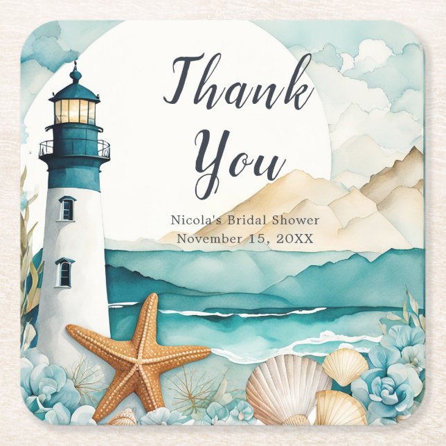 Nautical Lighthouse Bridal Shower Square Paper Coaster (Front)