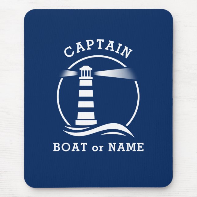 Nautical Lighthouse Captain & Boat or Name Blue Mouse Pad (Front)