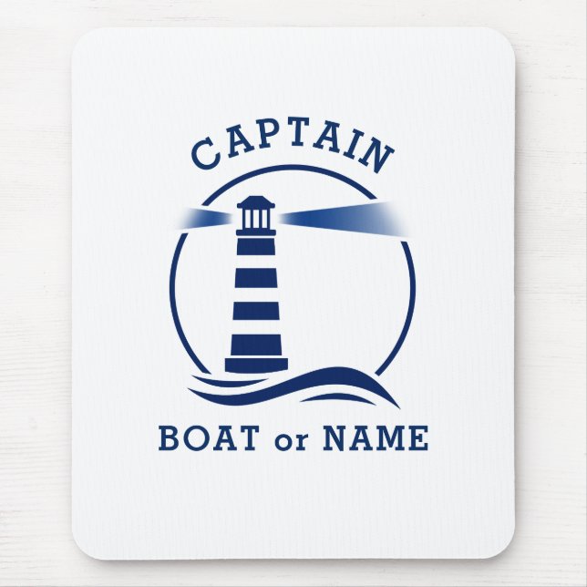 Nautical Lighthouse Captain & Boat or Name Navy Mouse Pad (Front)