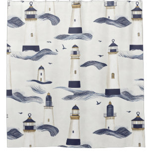 Nautical Lighthouse Coastal Blue Pattern (1) Shower Curtain