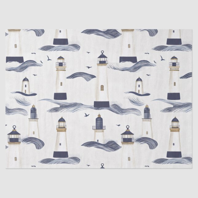 Nautical Lighthouse Coastal Blue Pattern (1) Tissue Paper (Front)