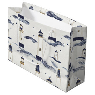 Nautical Lighthouse Coastal Blue Pattern Large Gift Bag