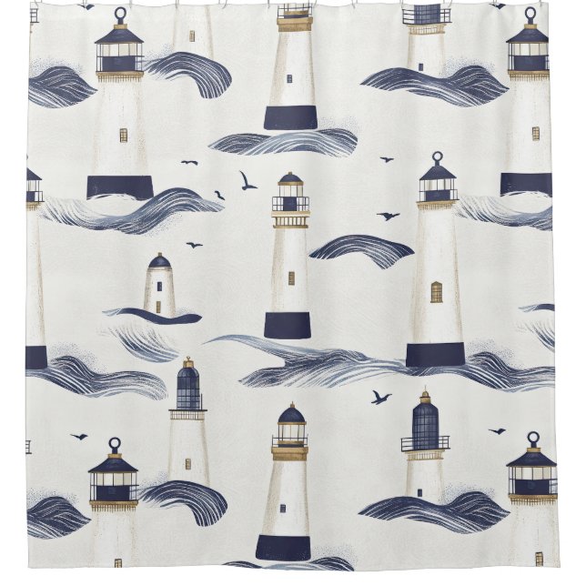 Nautical Lighthouse Coastal Blue Pattern Shower Curtain (Front)