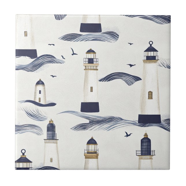 Nautical Lighthouse Coastal Blue Pattern Tile (Front)