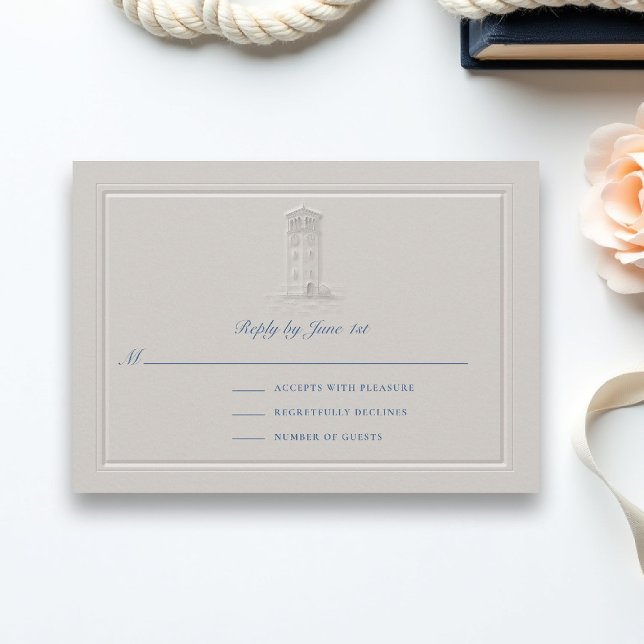 Nautical Lighthouse Coastal Elegant Wedding RSVP (coastal wedding rsvp lighthouse formal traditional double frame modern classic faux embossed)