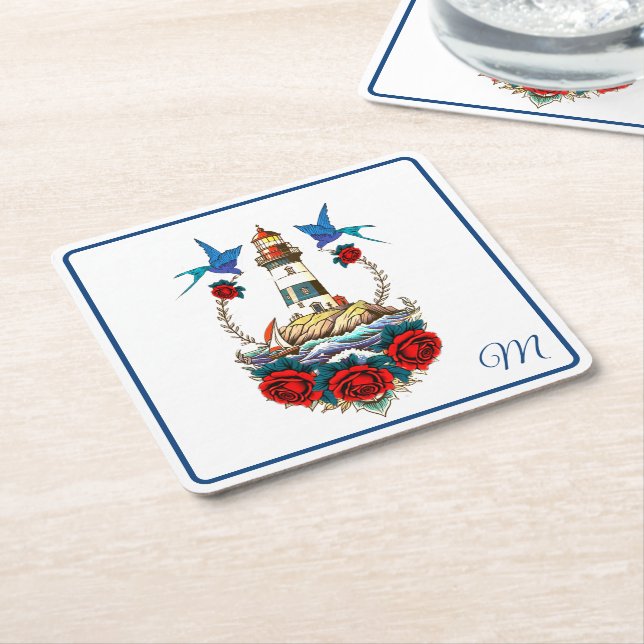 Nautical Lighthouse Floral Red Blue  Square Paper Coaster (Angled)