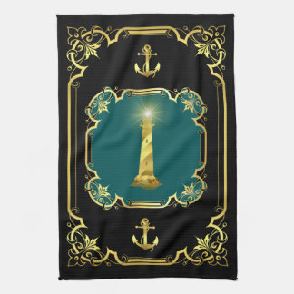 Nautical lighthouse gilded black/gold/aqua tea towel