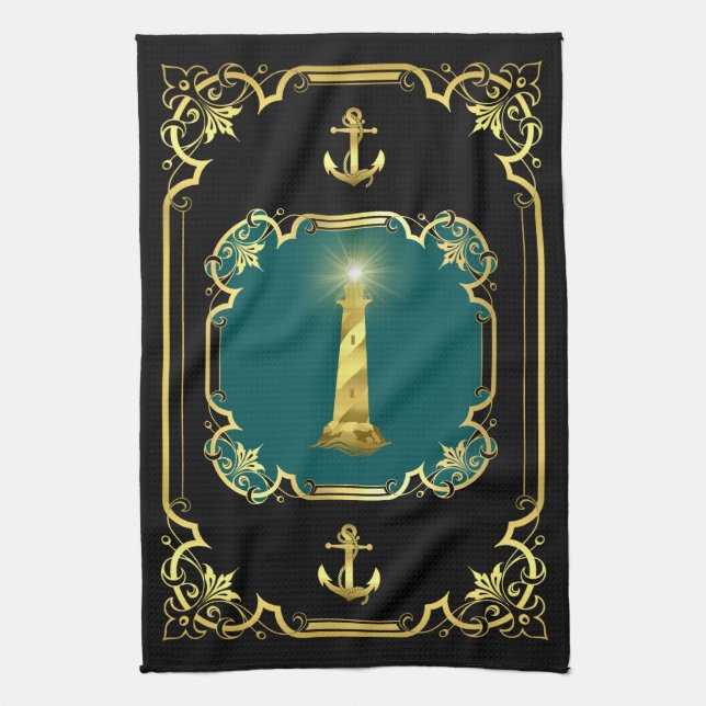Nautical lighthouse gilded black/gold/aqua tea towel (Vertical)