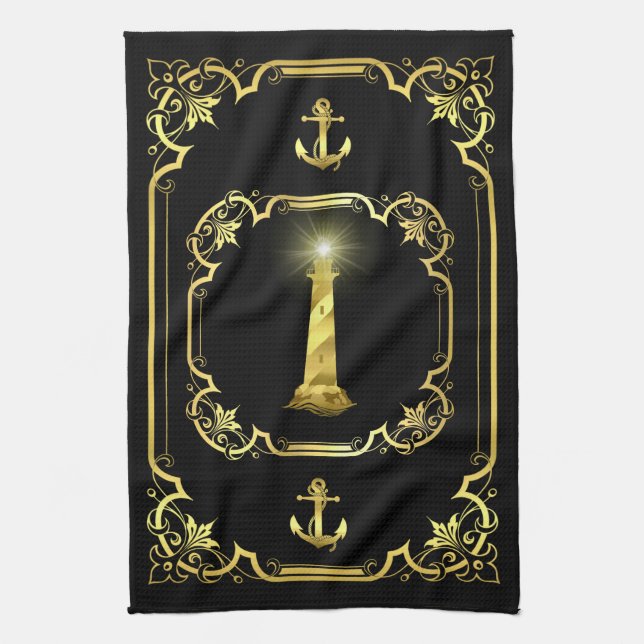 Nautical lighthouse gilded black/gold/black tea towel (Vertical)