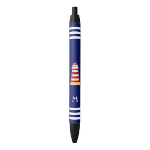 Nautical Lighthouse & Monogram on Blue Background Black Ink Pen