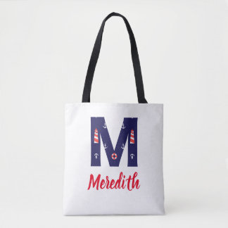 Nautical Lighthouse Monogram Tote Initial M