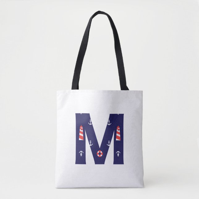 Nautical Lighthouse Monogram Tote Initial M (Front)