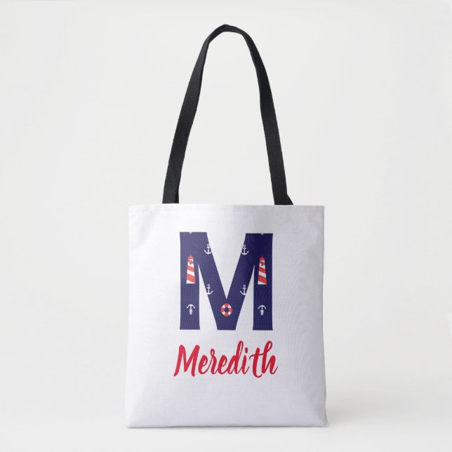 Nautical Lighthouse Monogram Tote Initial M Bag (Front)
