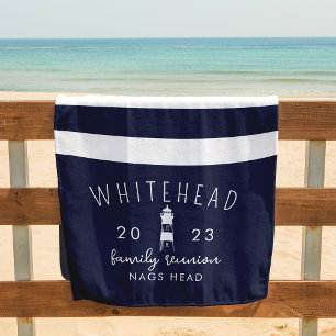 Nautical Lighthouse Navy & White Stripe Monogram Beach Towel