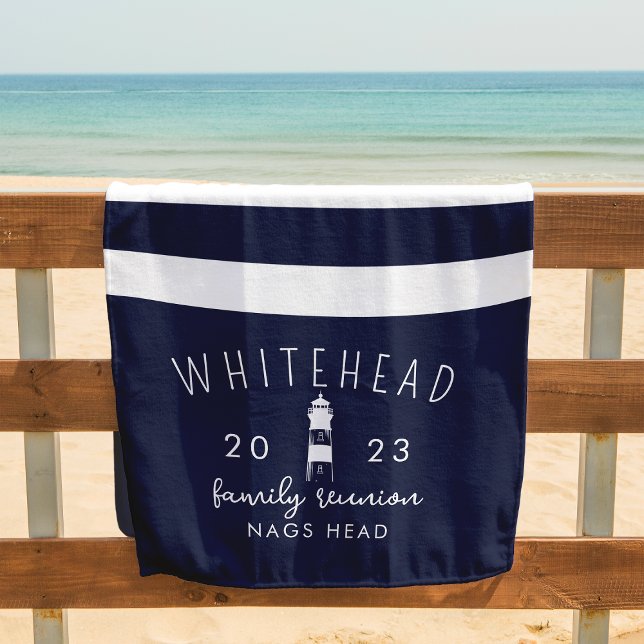 Nautical Lighthouse Navy & White Stripe Monogram Beach Towel (Creator Uploaded)