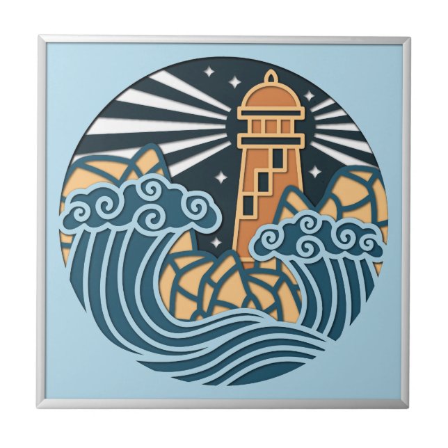 Nautical Lighthouse Ocean Night Scene Tile (Front)