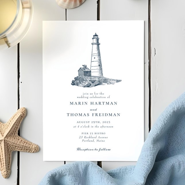 Nautical Lighthouse Ocean Seaside Wedding Invitation (Creator Uploaded)