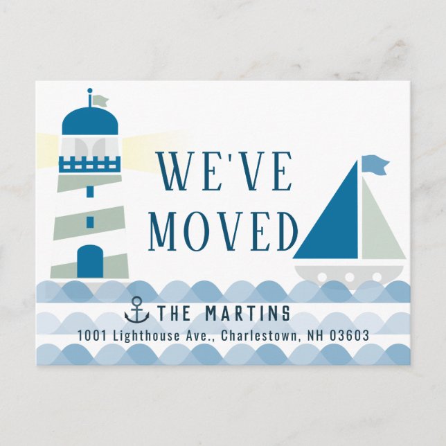 Nautical Lighthouse & Sailboat Moving Announcement Postcard (Front)