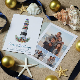 Nautical Lighthouse Seas and Greetings 3 Photo Holiday Card