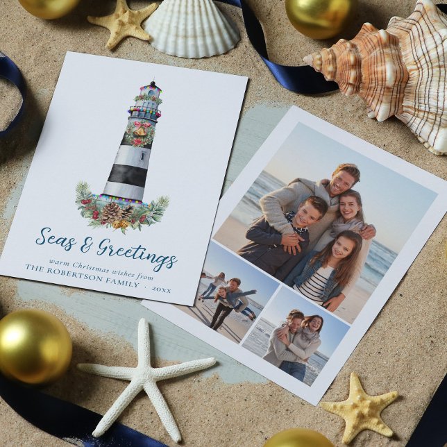 Nautical Lighthouse Seas and Greetings 3 Photo Holiday Card (Creator Uploaded)
